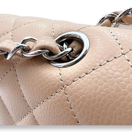 Classic Double Flap Medium Beige Shoulder Bag in Caviar Leather, Silver hardware