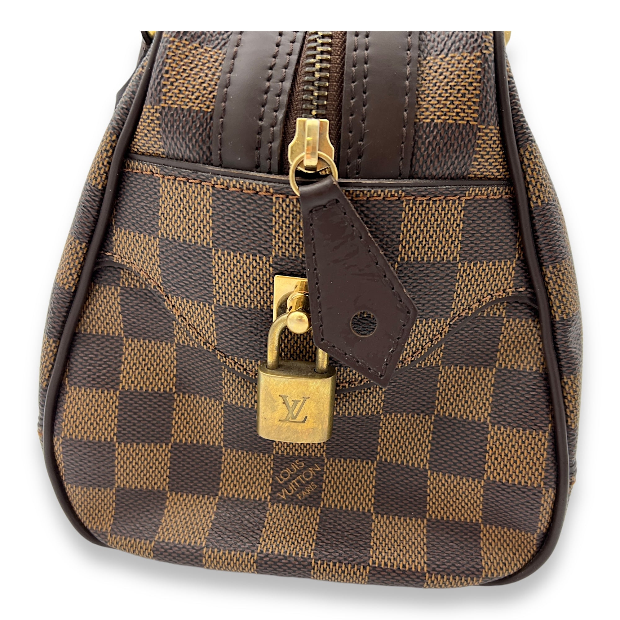 Duomo Damier Ebene Top Handle Bag in Coated Canvas, Gold hardware