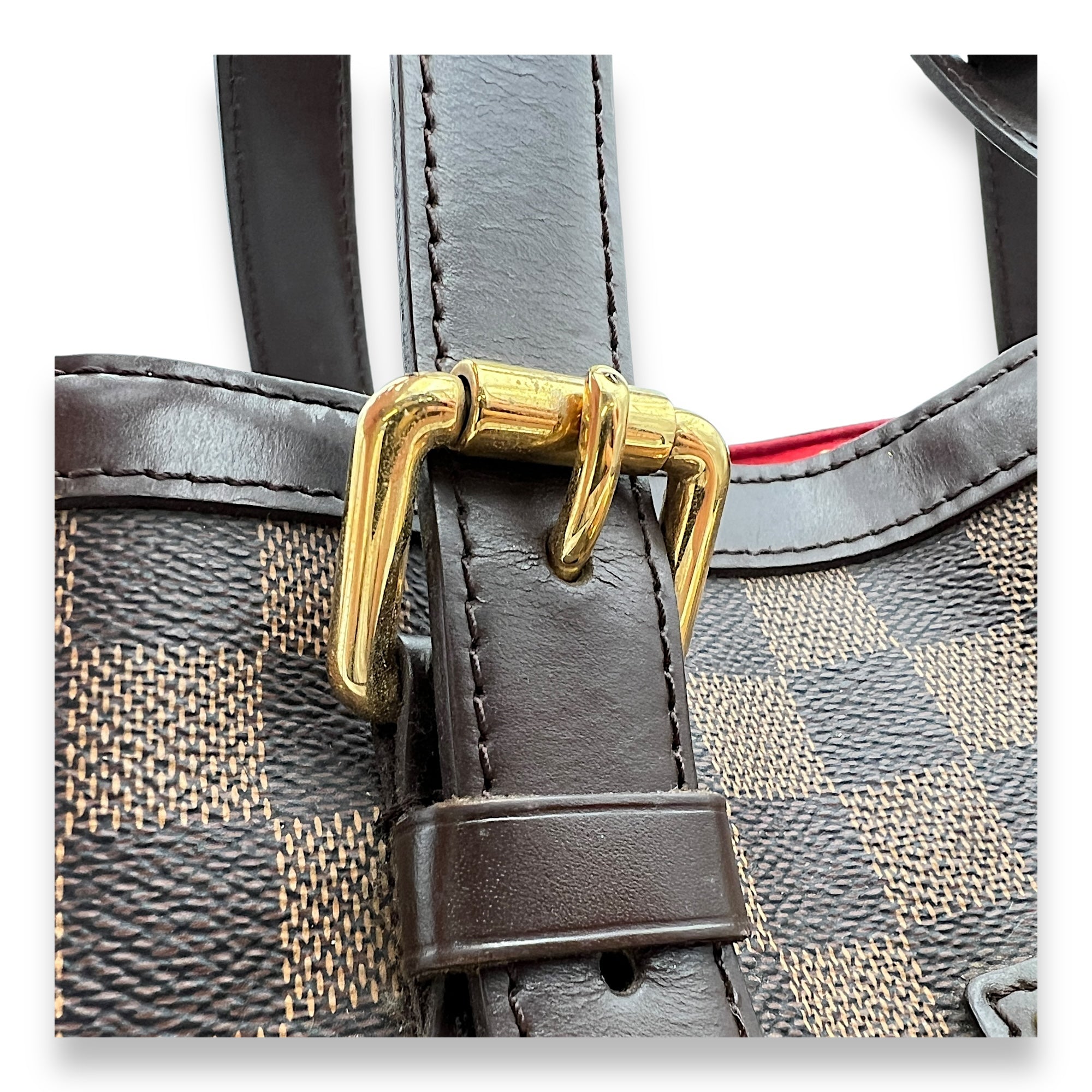 Hampstead MM Damier Ebene Top Handle Bag in Coated Canvas, Gold hardware