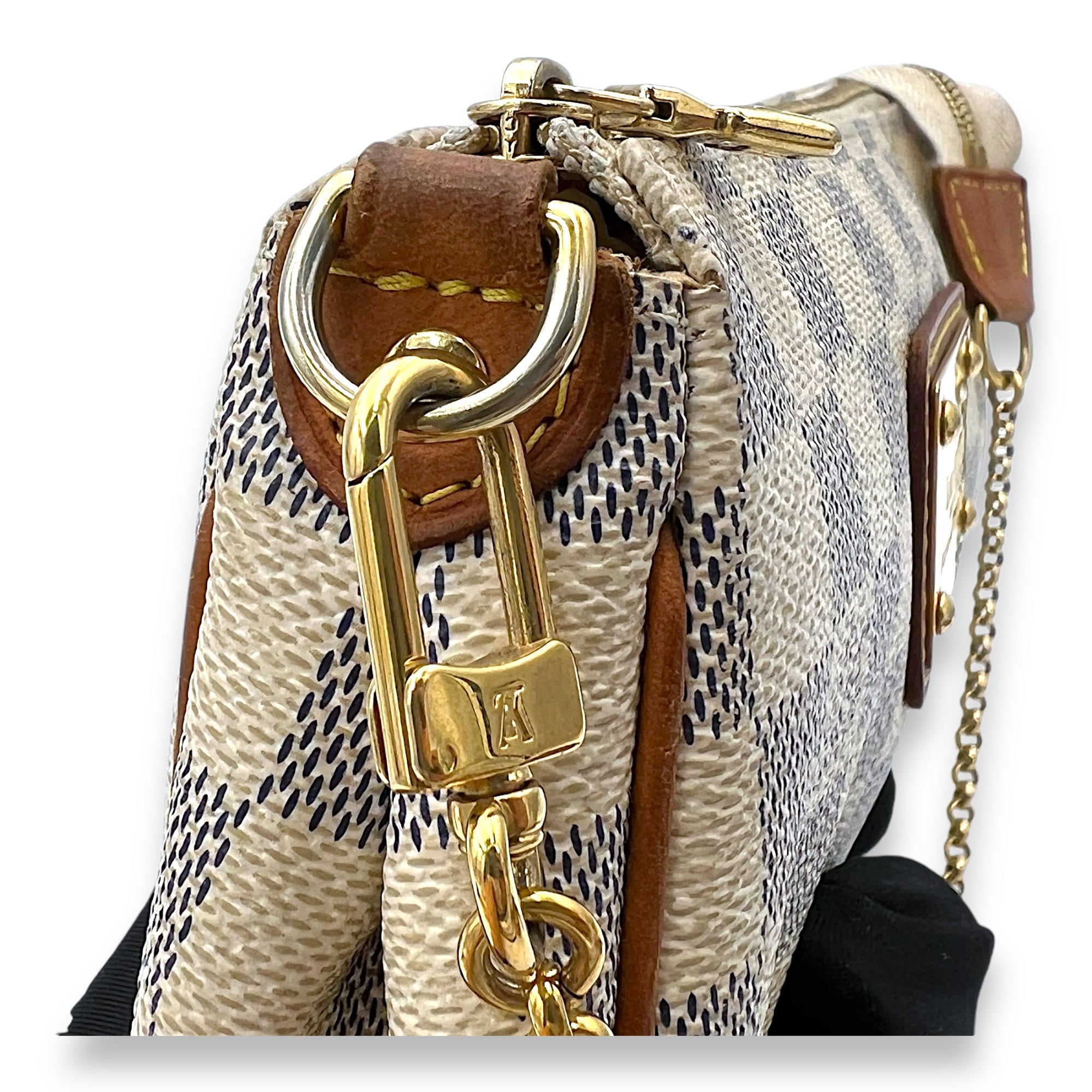 Eva Damier Azur Shoulder Bag in Coated Canvas, Gold hardware