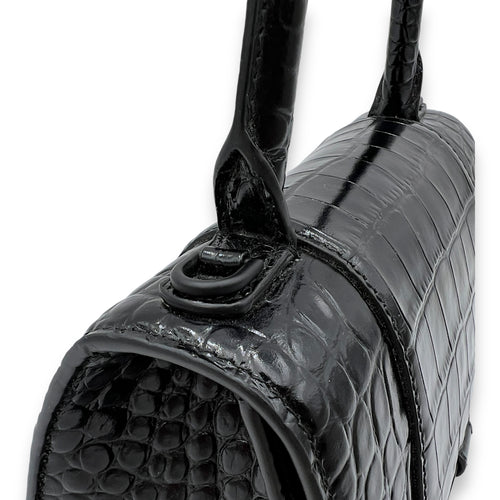 Hourglass Top Handle Bag Small Black in Crocodile Embossed Calfskin