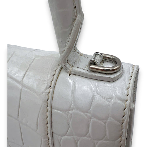 Hourglass XS White Top Handle Bag in Crocodile Embossed Calfskin, Silver hardware