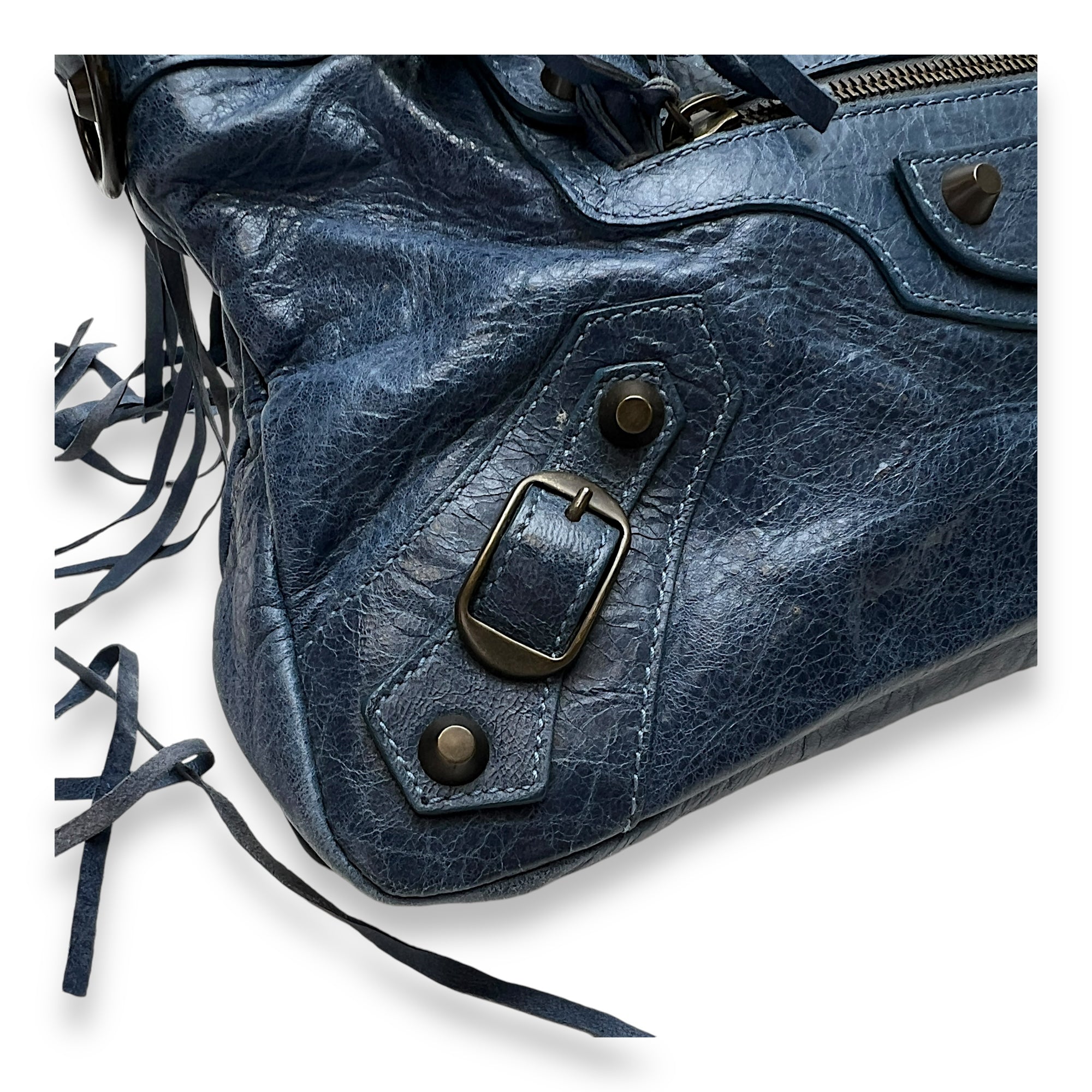 First Blue Shoulder Bag in Distressed Leather, Brushed Gold hardware