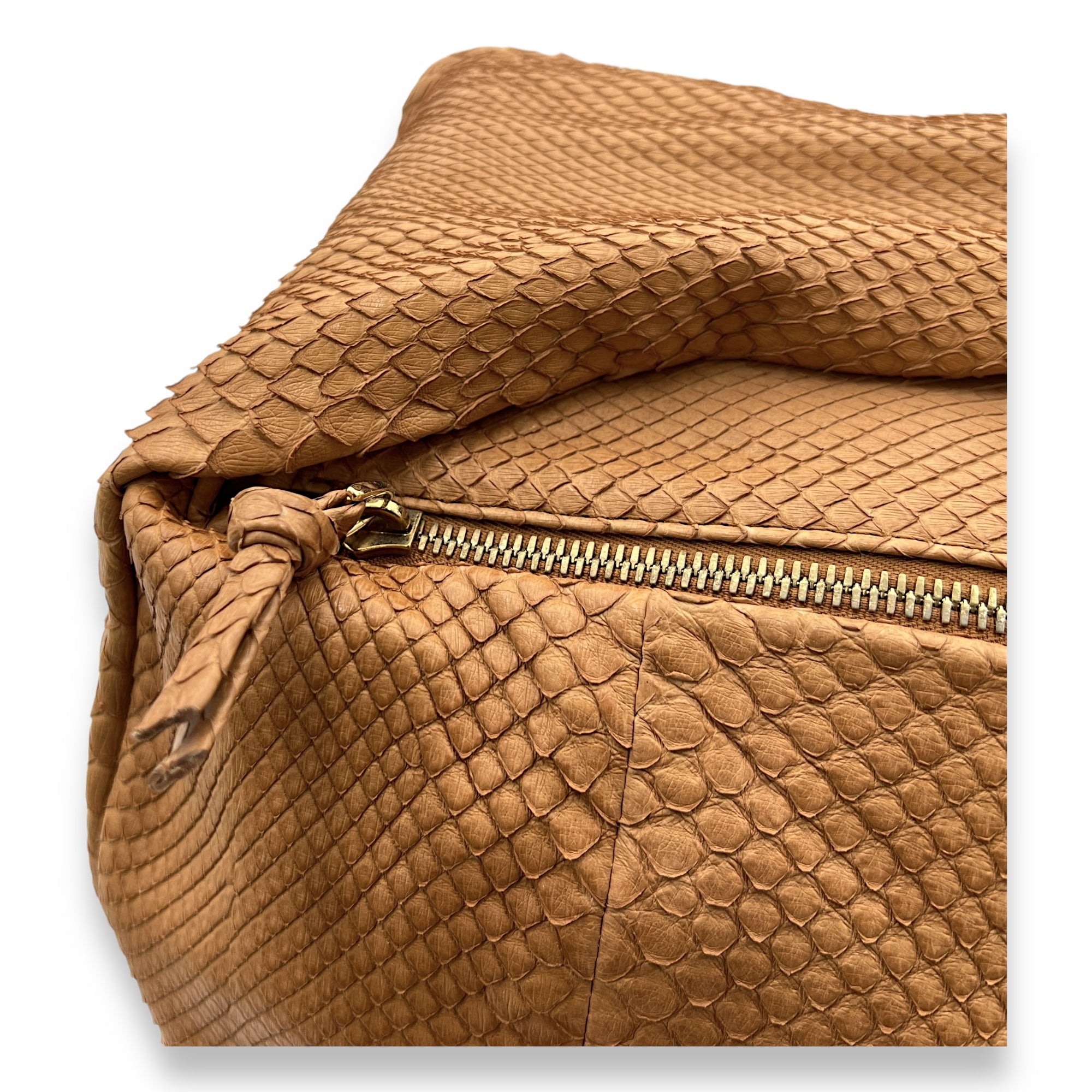 Hobo Brown Shoulder Bag in Python Leather, Gold hardware