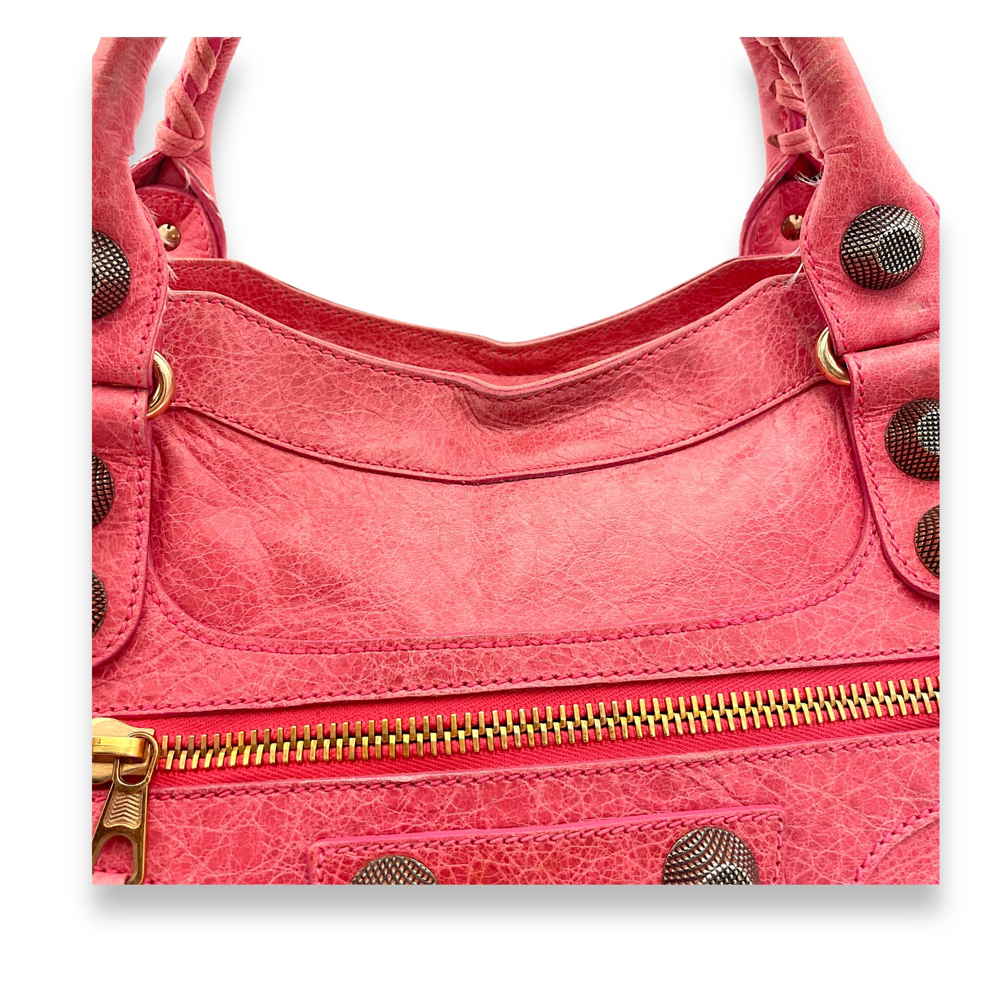 City Medium Pink Top Handle Bag in Distressed Leather, Rose Gold hardware