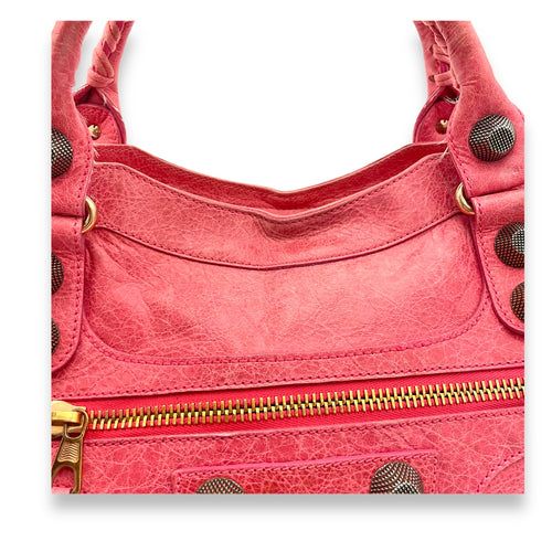 City Medium Pink Top Handle Bag in Distressed Leather, Rose Gold hardware