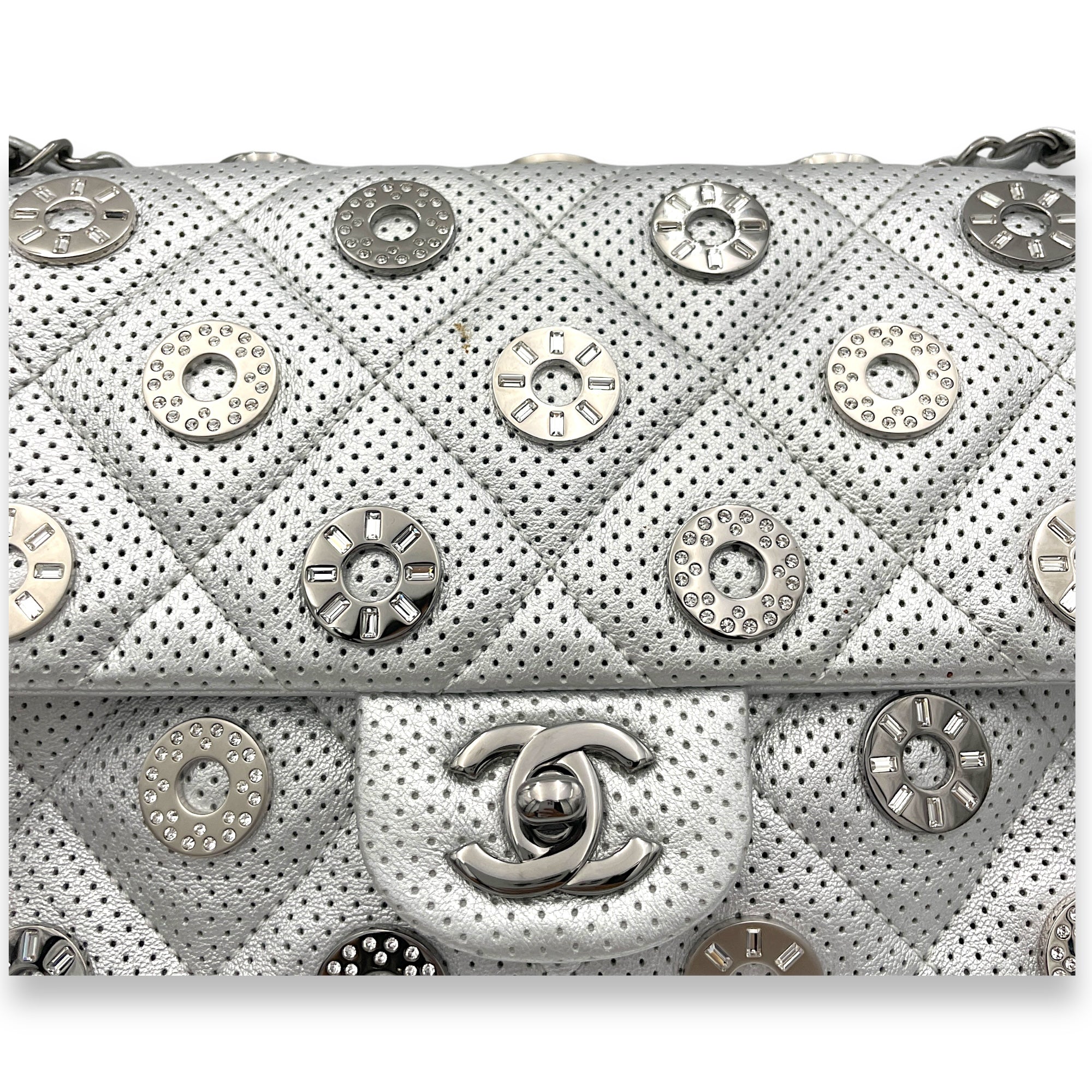 Paris Dubai Flap Silver Shoulder Bag in Perforated Lambskin, Silver hardware