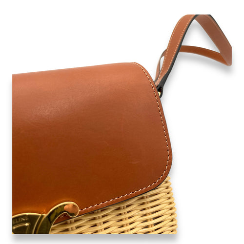 Triomphe Teen Brown Crossbody Bag in Wicker and Calfskin, Gold hardware