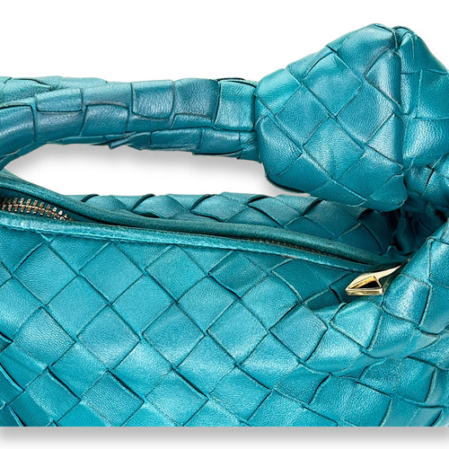 Jodie Mini Blue Shoulder Bag in Intrecciato Leather, Gold hardware