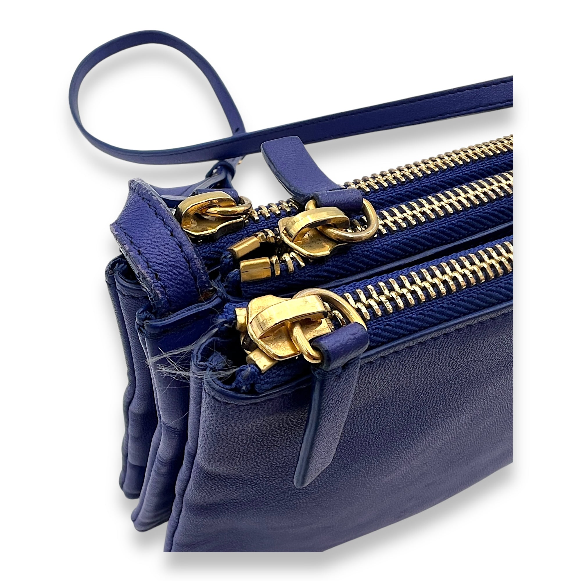 Trio Small Blue Crossbody Bag in Lambskin, Gold hardware