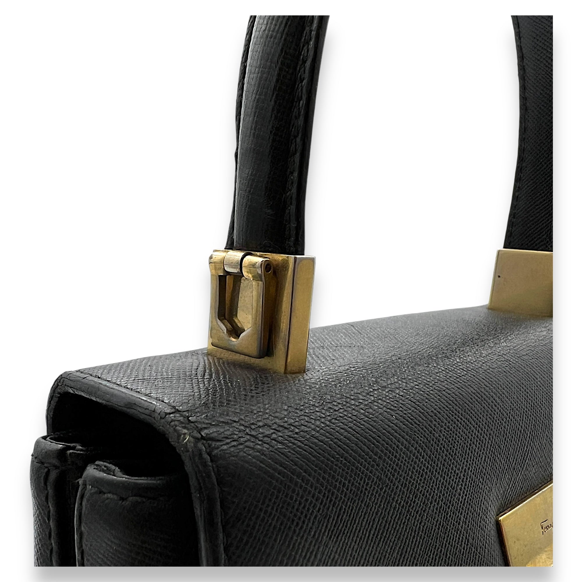 Gancini Top Handle Bag Black in Calfskin, Gold hardware