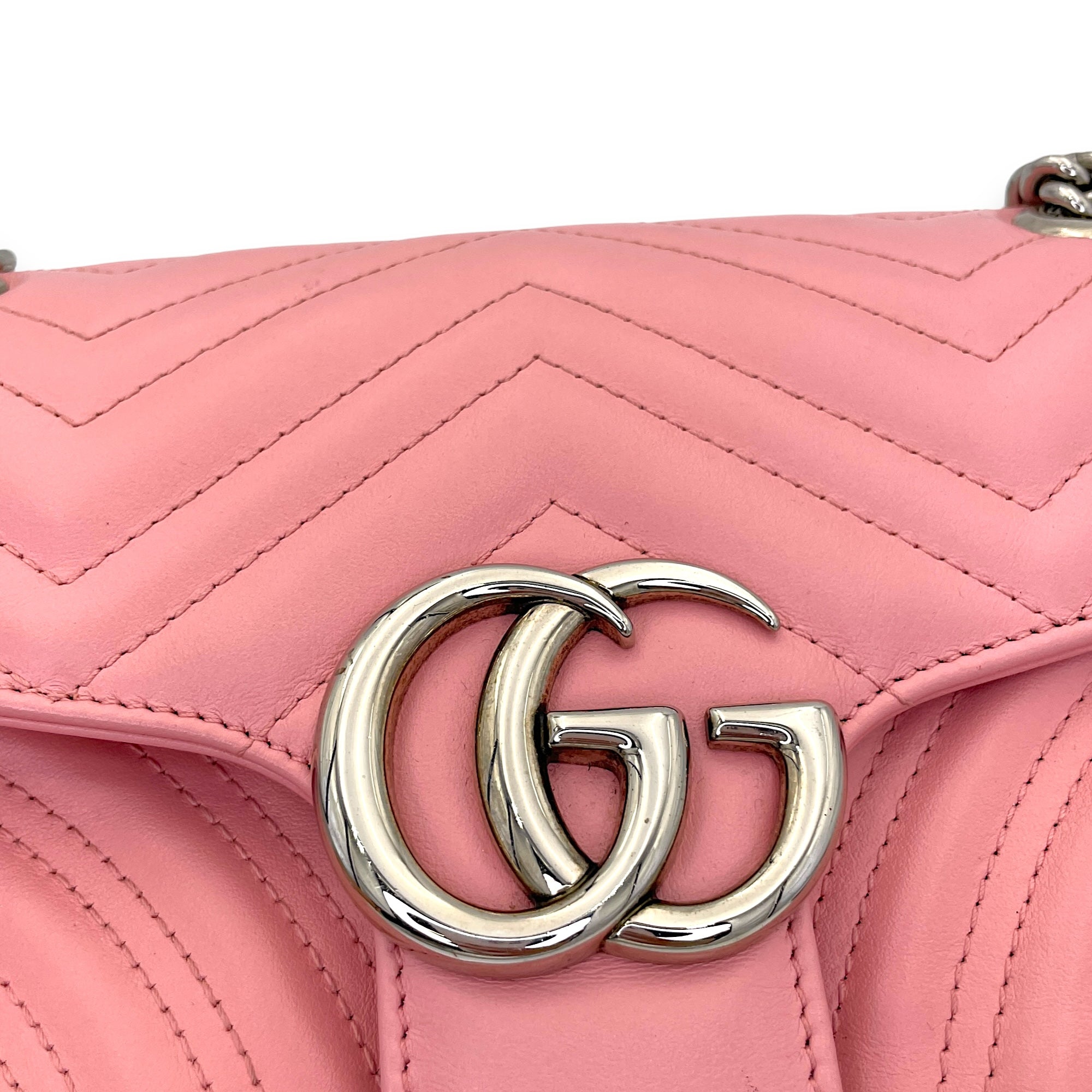 GG Marmont Small Pink Shoulder Bag in Calfskin, Silver hardware