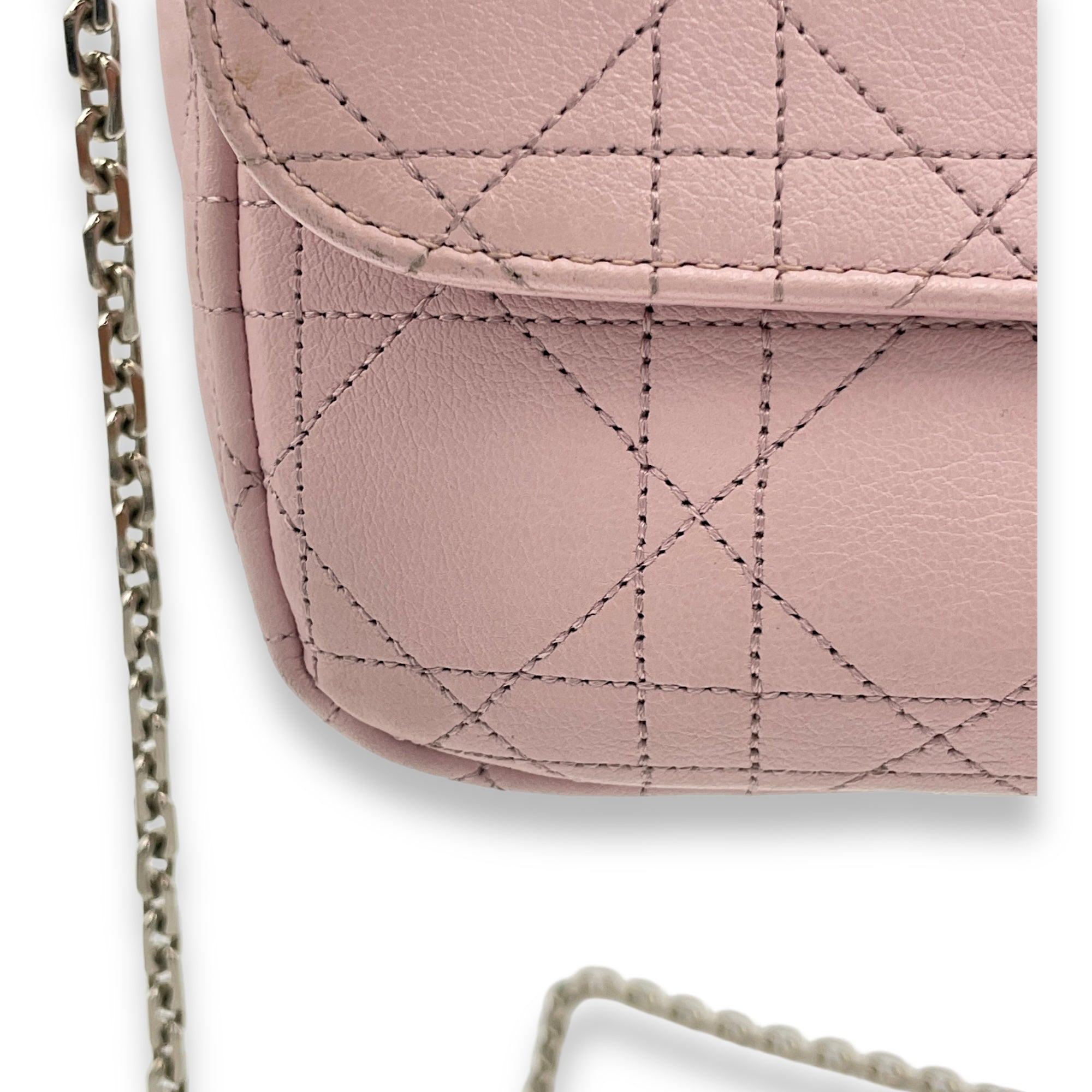 Cannage Stitched Diorling Pink Wallet On Chain in Calfskin, Silver hardware