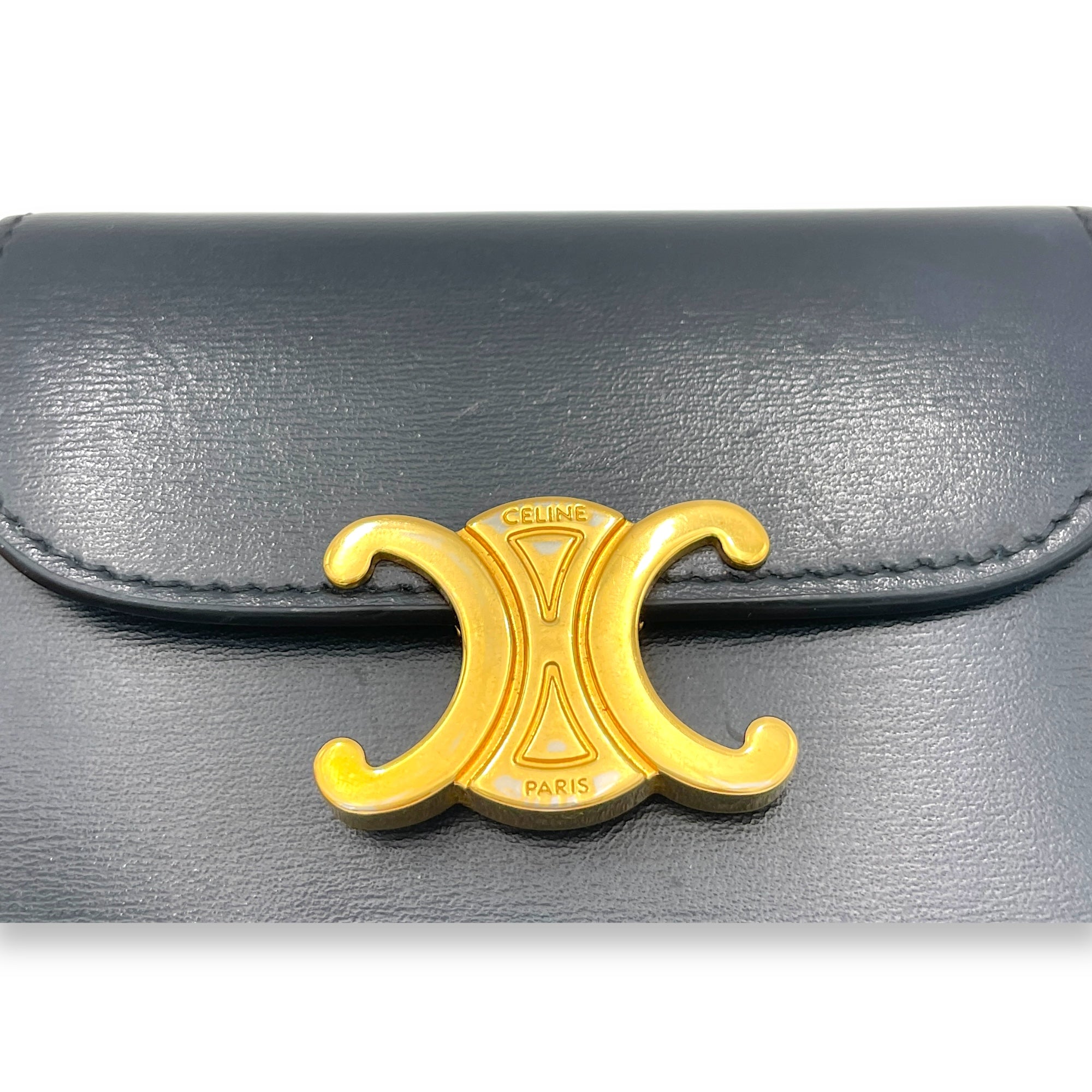 Triomphe Compact Blue Wallet in Calfskin, Gold hardware