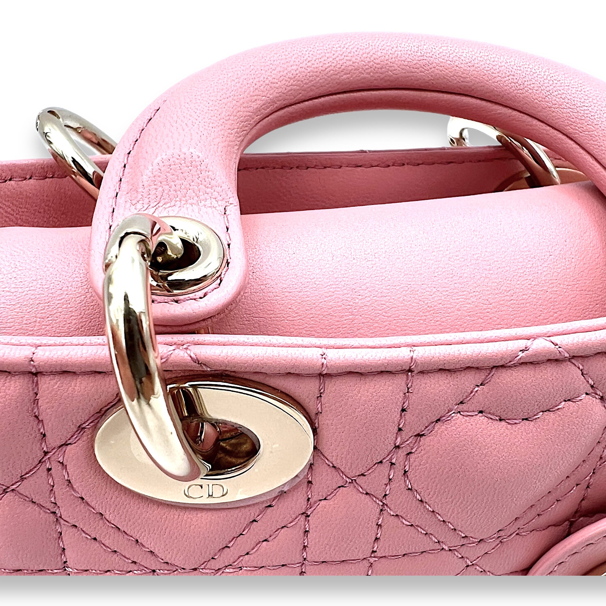 Lady D-Joy Micro Pink Top Handle Bag in Lambskin, Light Gold hardware