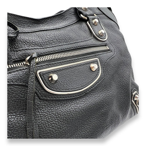 Metallic Edge City Top Handle Bag Black in Goat Leather, Silver hardware