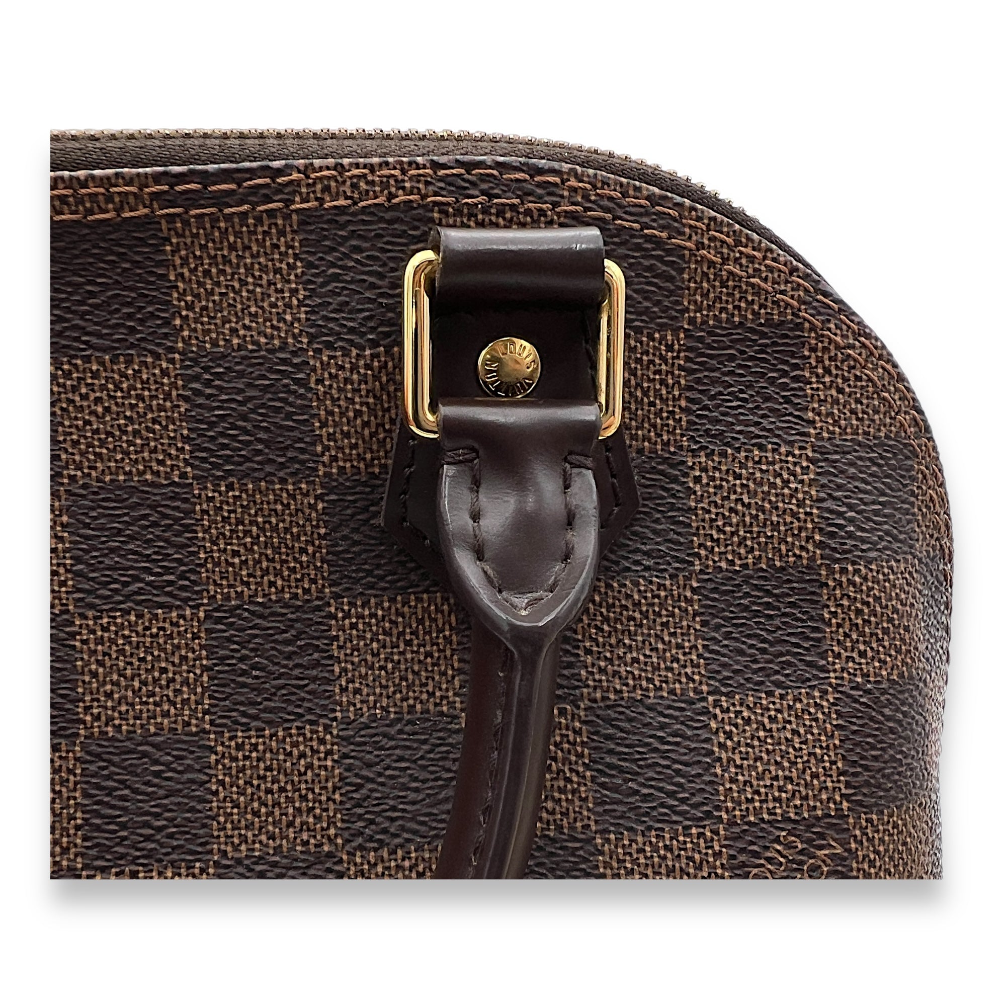 Alma BB Damier Ebene Top Handle Bag in Coated Canvas, Gold hardware