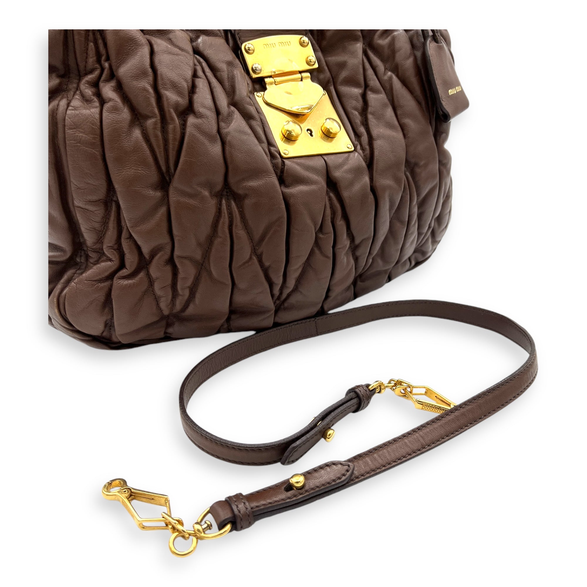 Matelassé Brown Top Handle Bag in Calfskin, Gold hardware