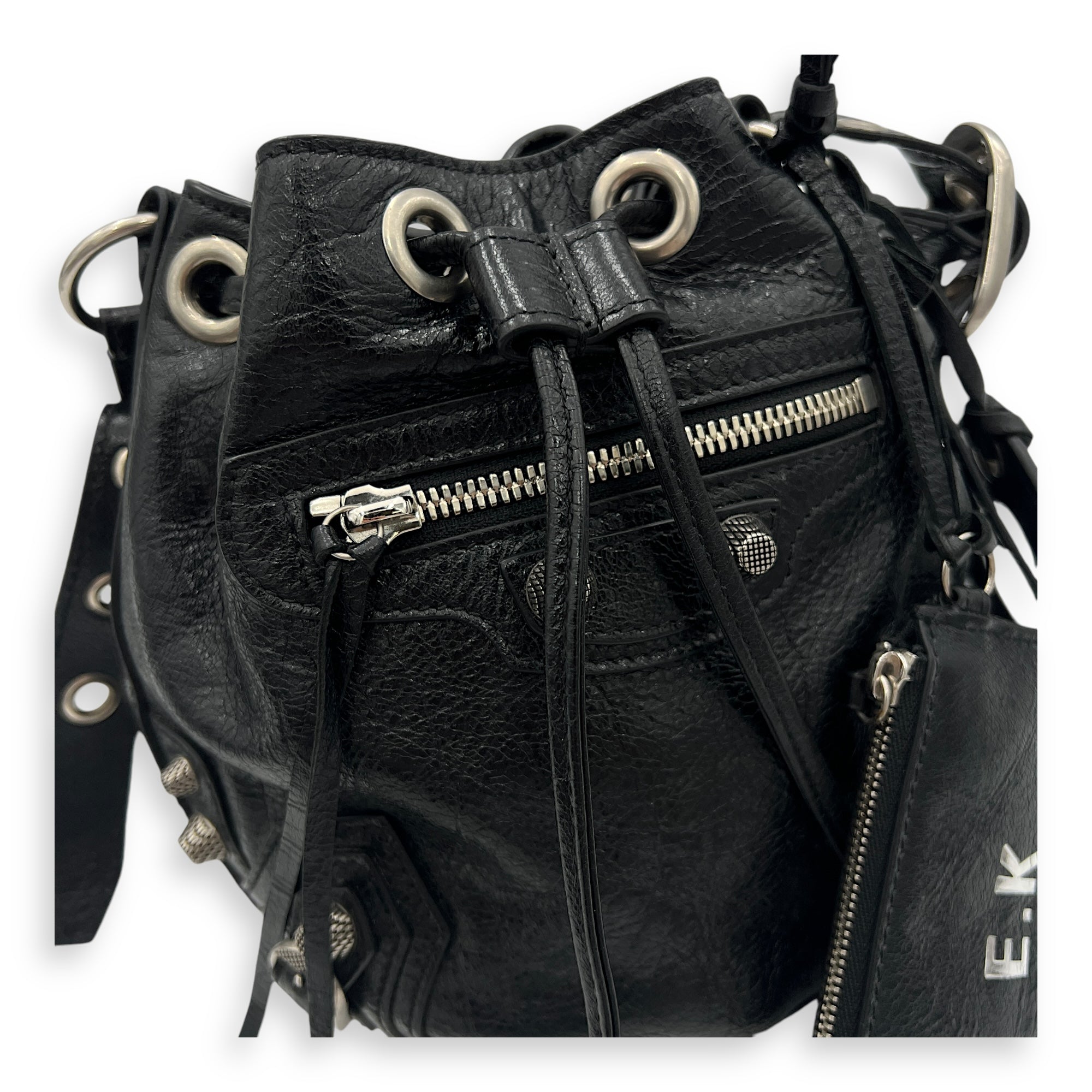 Le Cagole XS Black Bucket Bag in Distressed Leather, Silver hardware