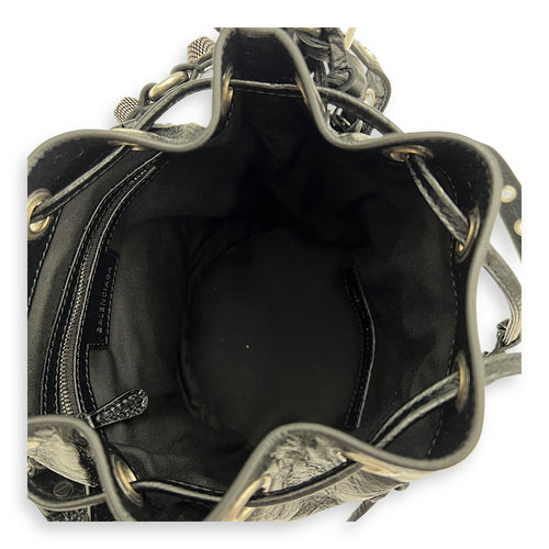 Le Cagole XS Black Bucket Bag in Distressed Leather, Silver hardware