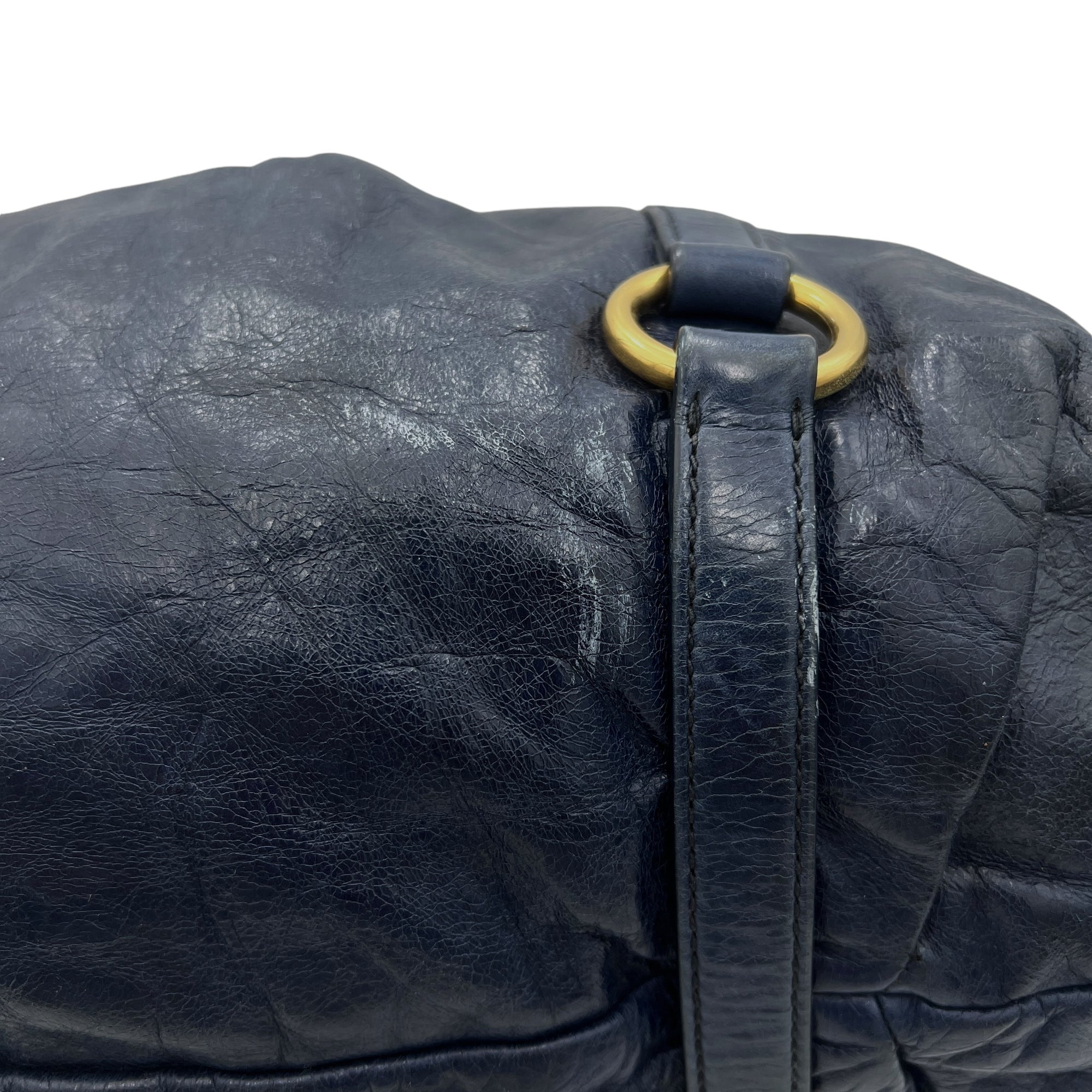 Vitello Lux Blue Top Handle Bag in Distressed Leather, Gold hardware