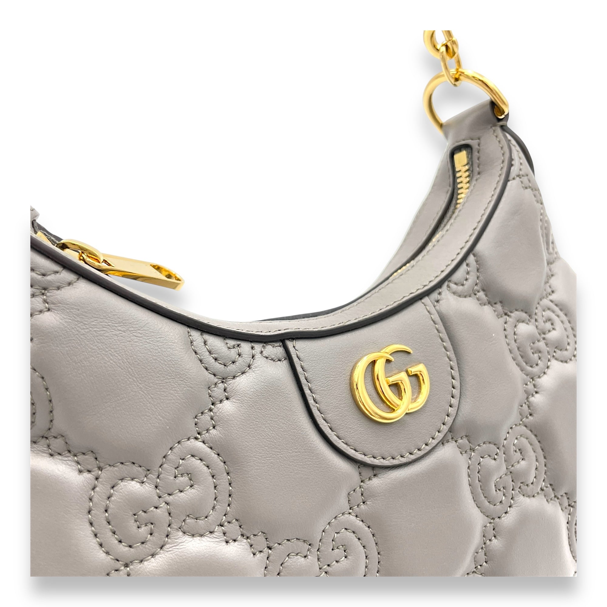 Matelassé Shoulder Bag  Grey in Calfskin , Gold Hardware