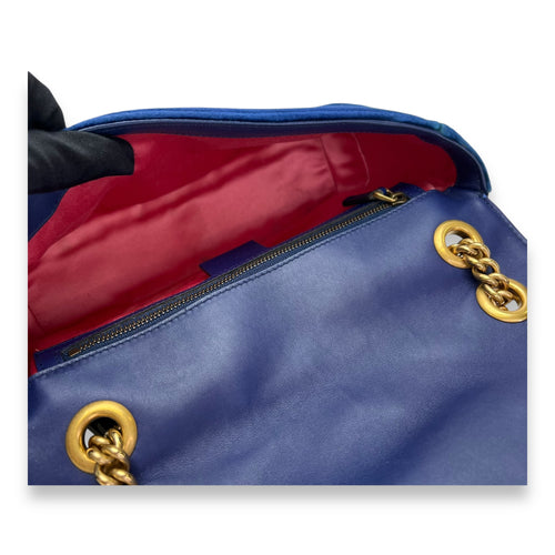 GG Marmont Small Blue Shoulder Bag in Velvet, Gold hardware