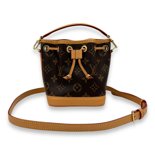 Noe Bucket Bag Nano Brown in Monogram Coated Canvas, Gold hardware