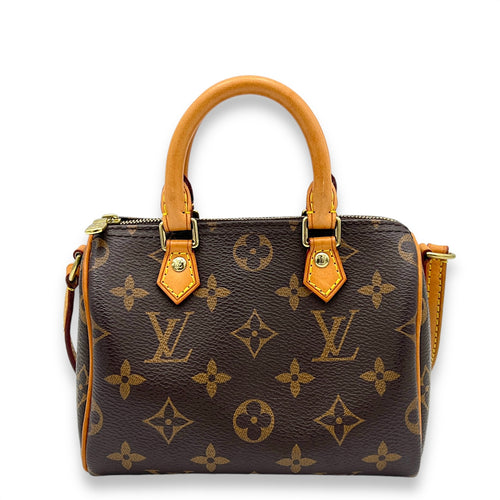 Speedy Bandouliere Nano Brown Top Handle Bag in Monogram Coated Canvas, Gold hardware