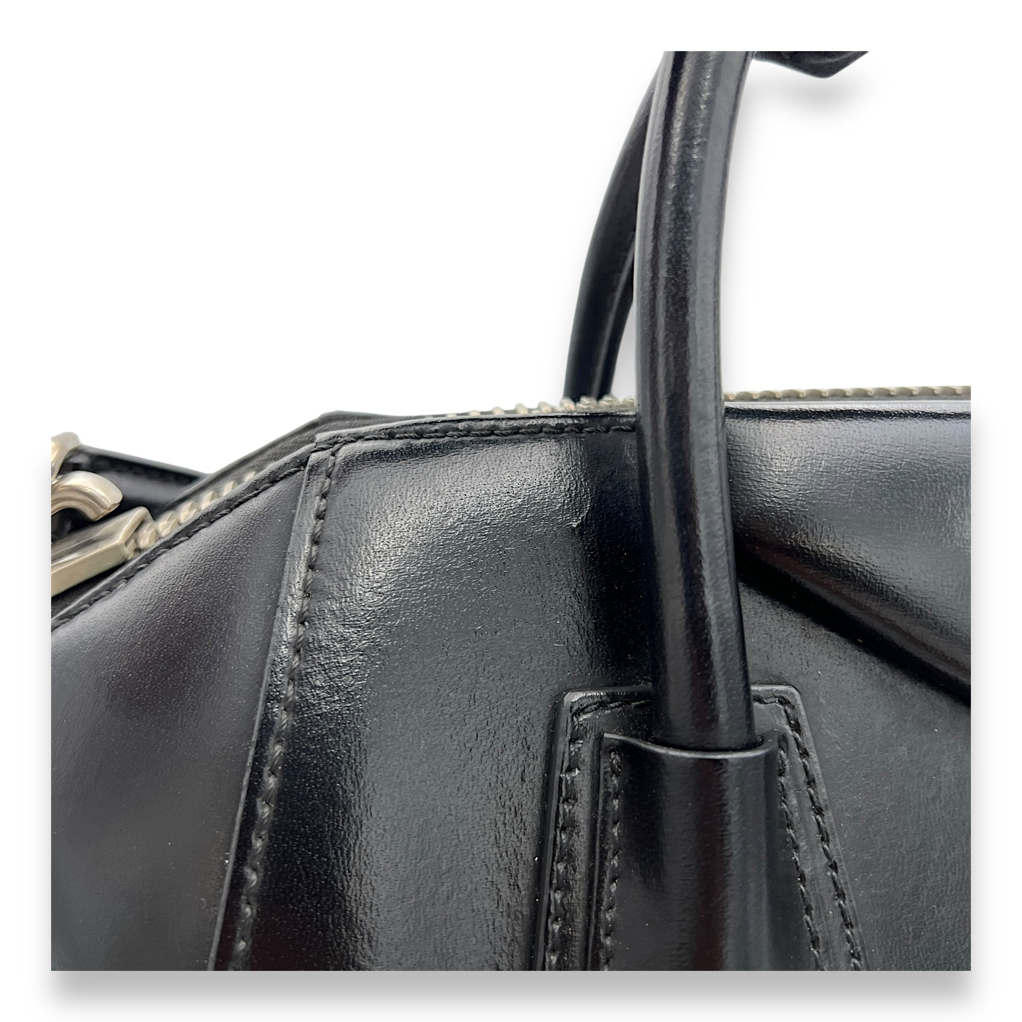 Antigona Small Black Top Handle Bag in Calfskin, Silver hardware