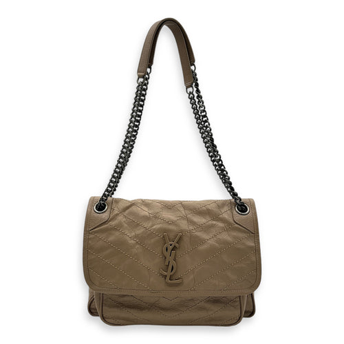 Niki Shoulder Bag Beige in Distressed Leather, Ruthenium hardware