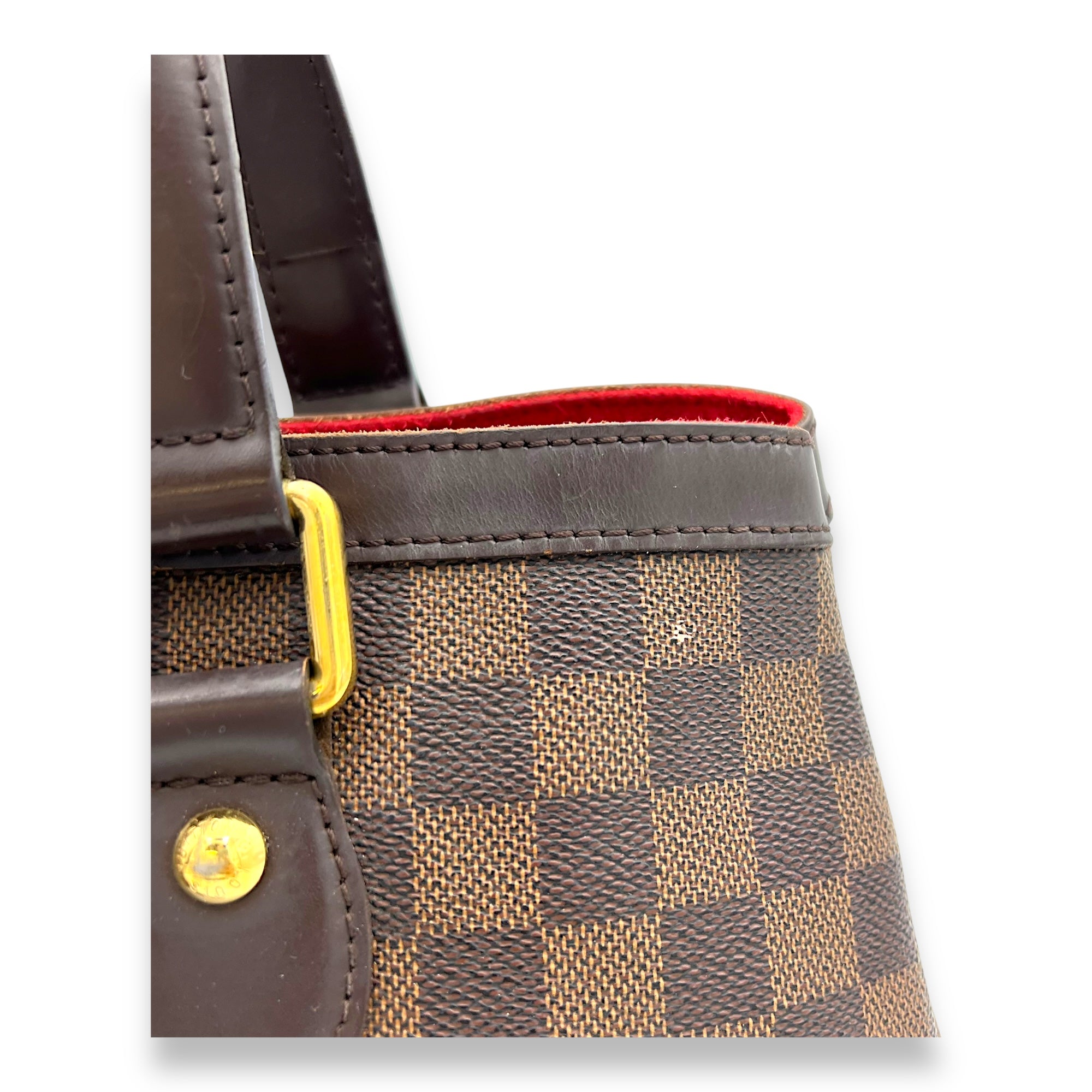 Hampstead PM Damier Ebene Top Handle Bag in Coated Canvas, Gold hardware