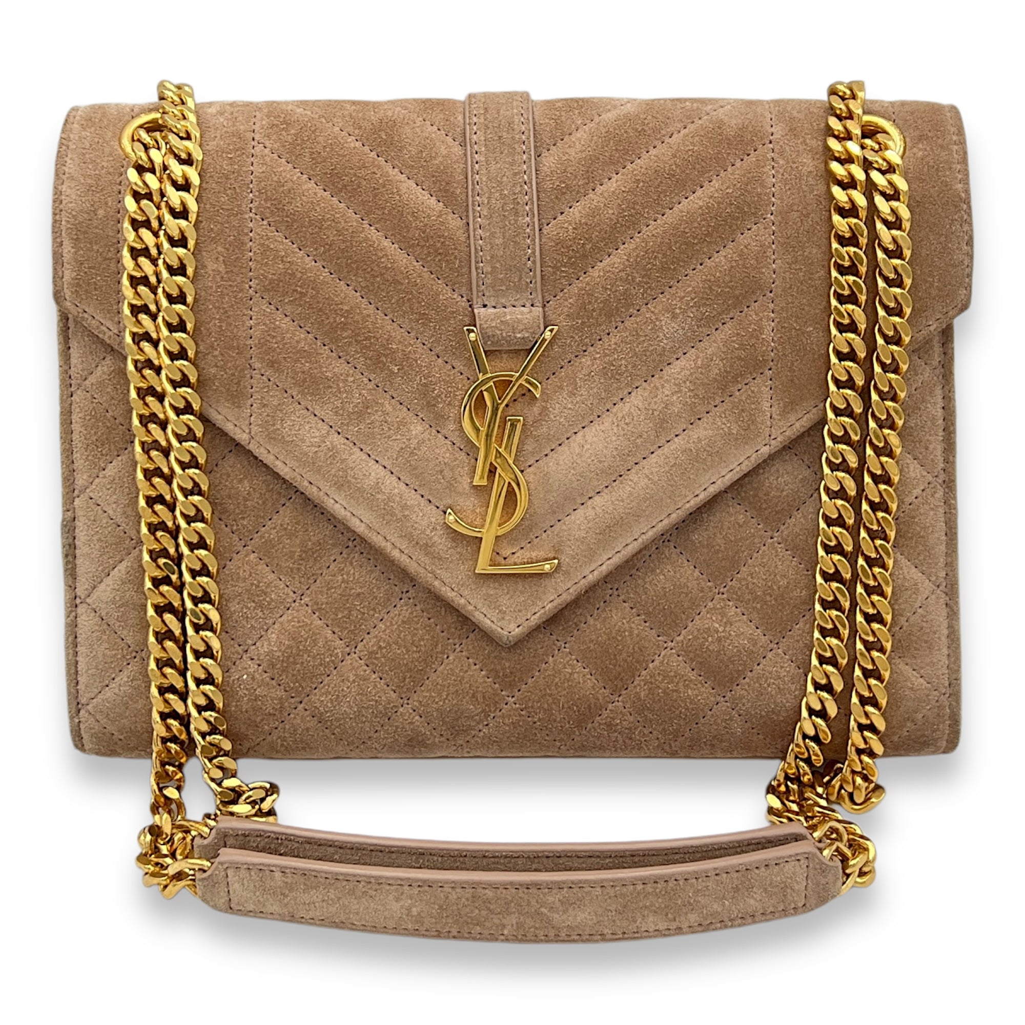 Triquilt Envelope Medium Gold Shoulder Bag in Suede Leather, Gold hardware