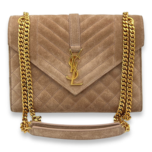 Triquilt Envelope Medium Gold Shoulder Bag in Suede Leather, Gold hardware