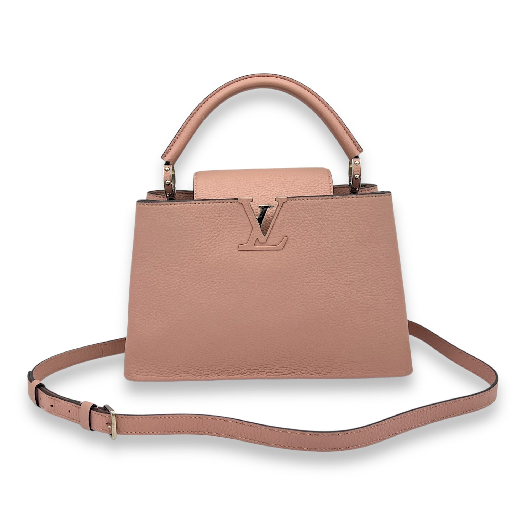 Capucines PM Pink Top Handle Bag in Taurillon Leather, Silver hardware