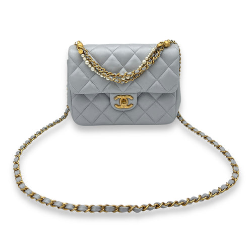 Quilted Pearl Twist Square Mini Grey Crossbody Bag in Lambskin, Gold hardware