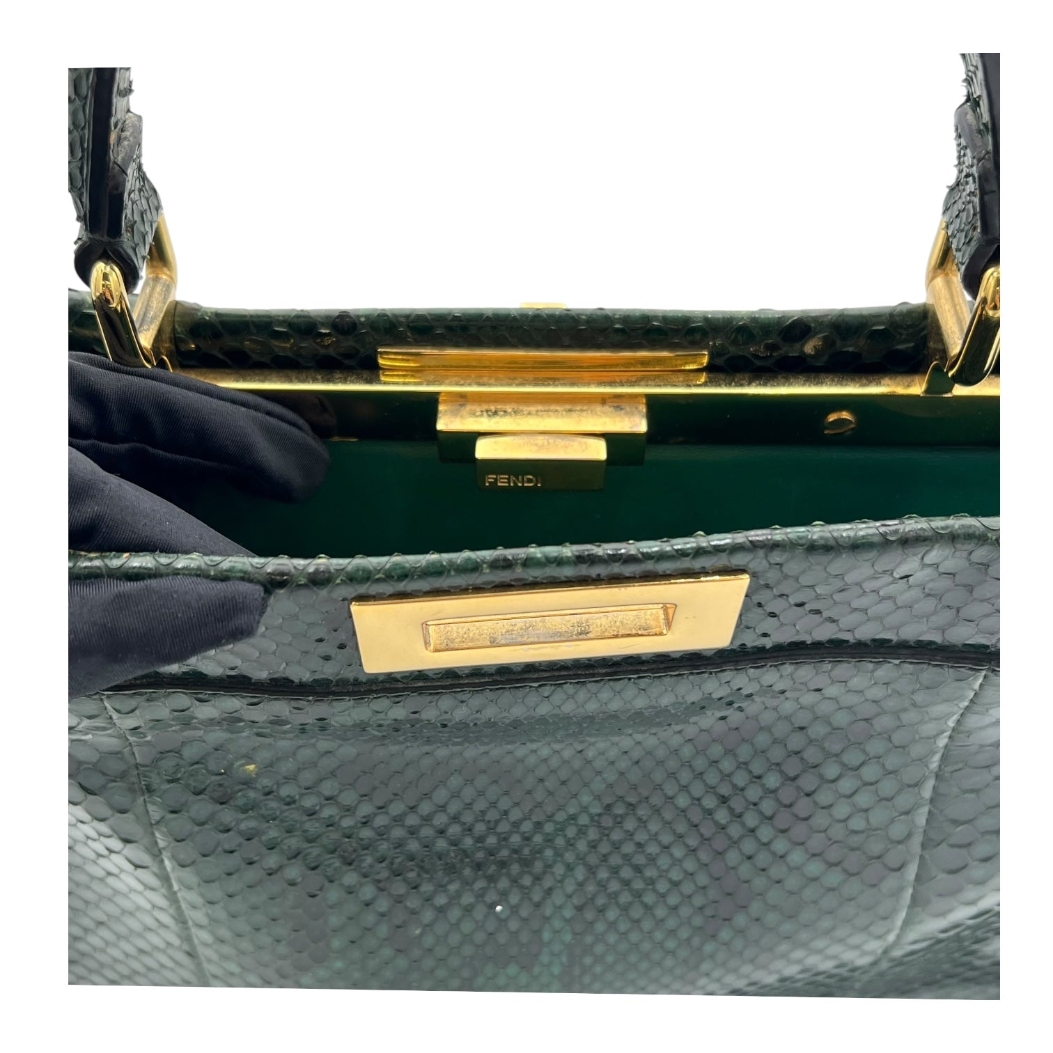 Peekaboo Top Handle Bag Green in Python Embossed Calfskin, Gold hardware