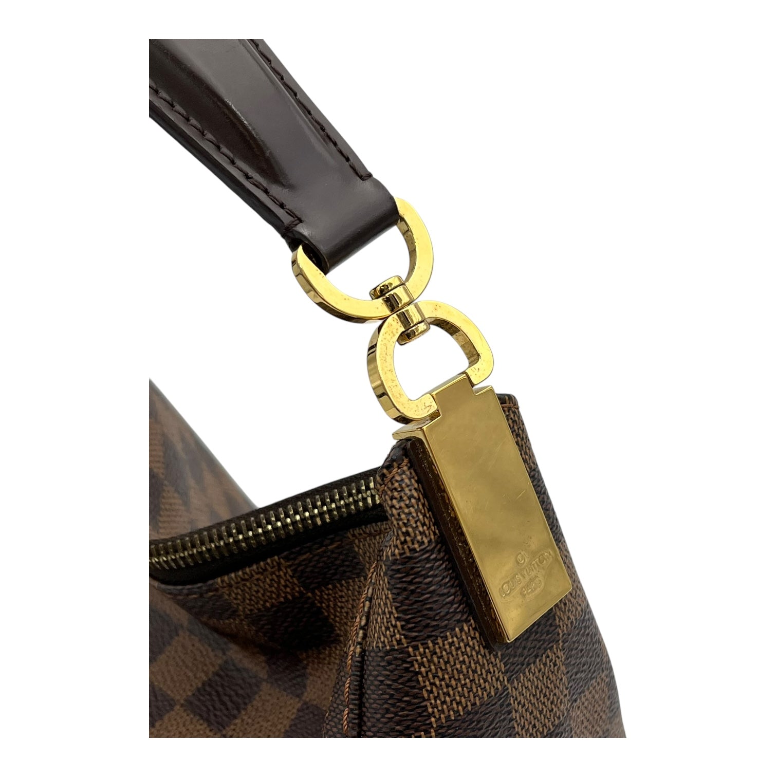 Portobello PM Damier Ebene Shoulder Bag in Coated Canvas, Gold hardware