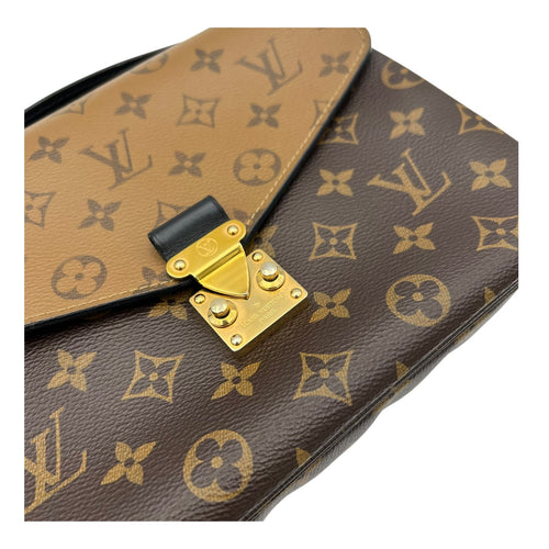 Pochette Metis Top Handle Bag Brown in Monogram Coated Canvas, Gold hardware