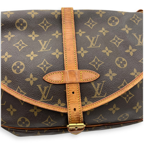 Saumur Crossbody Bag Brown in Monogram Coated Canvas, Gold hardware