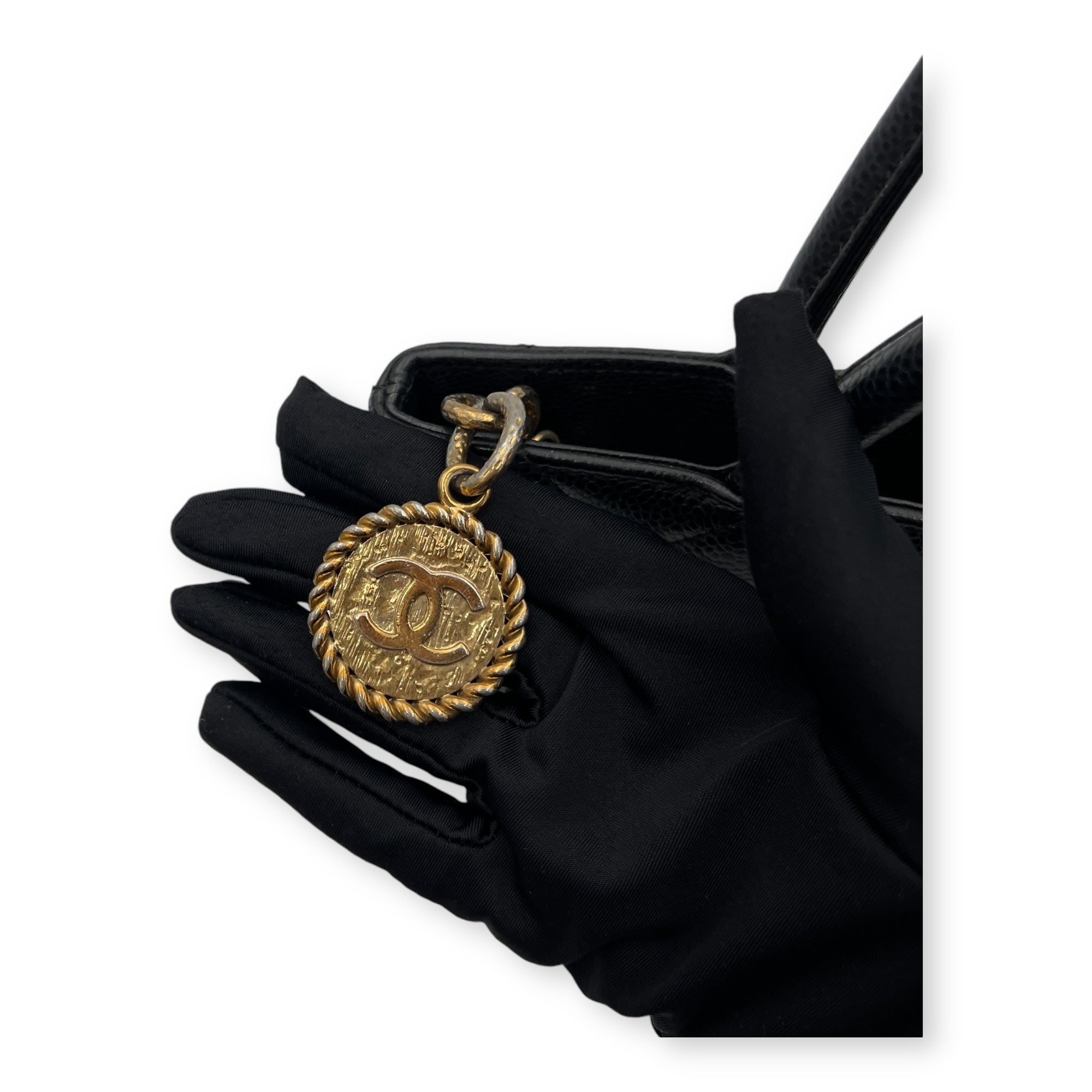 Medallion Top Handle Bag Black in Caviar Leather, Gold hardware