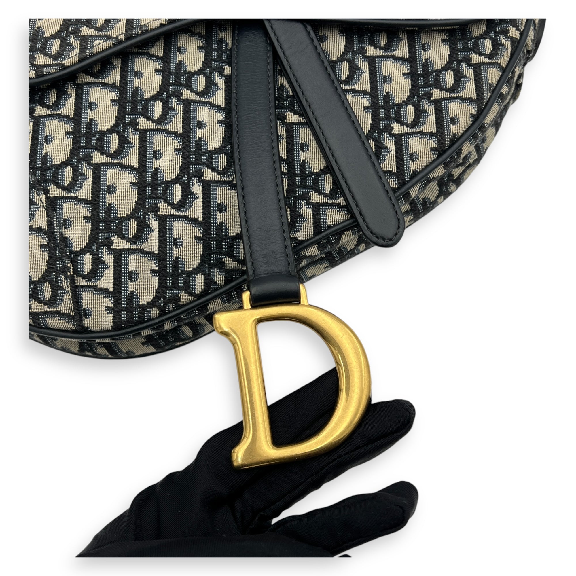 Saddle Medium Blue Shoulder Bag in Jacquard, Gold hardware