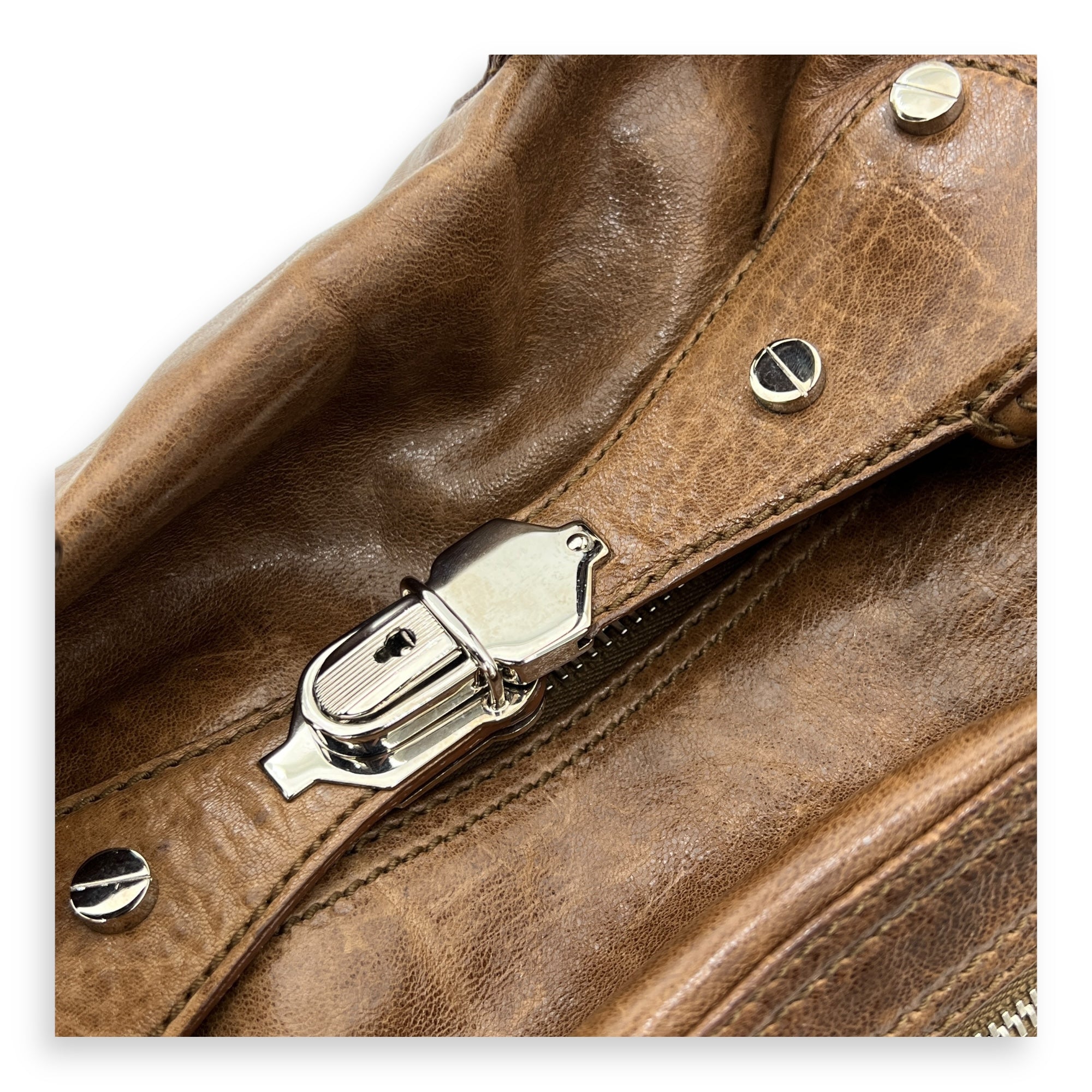 Whistle Brown Top Handle Bag in Goat Leather, Silver hardware