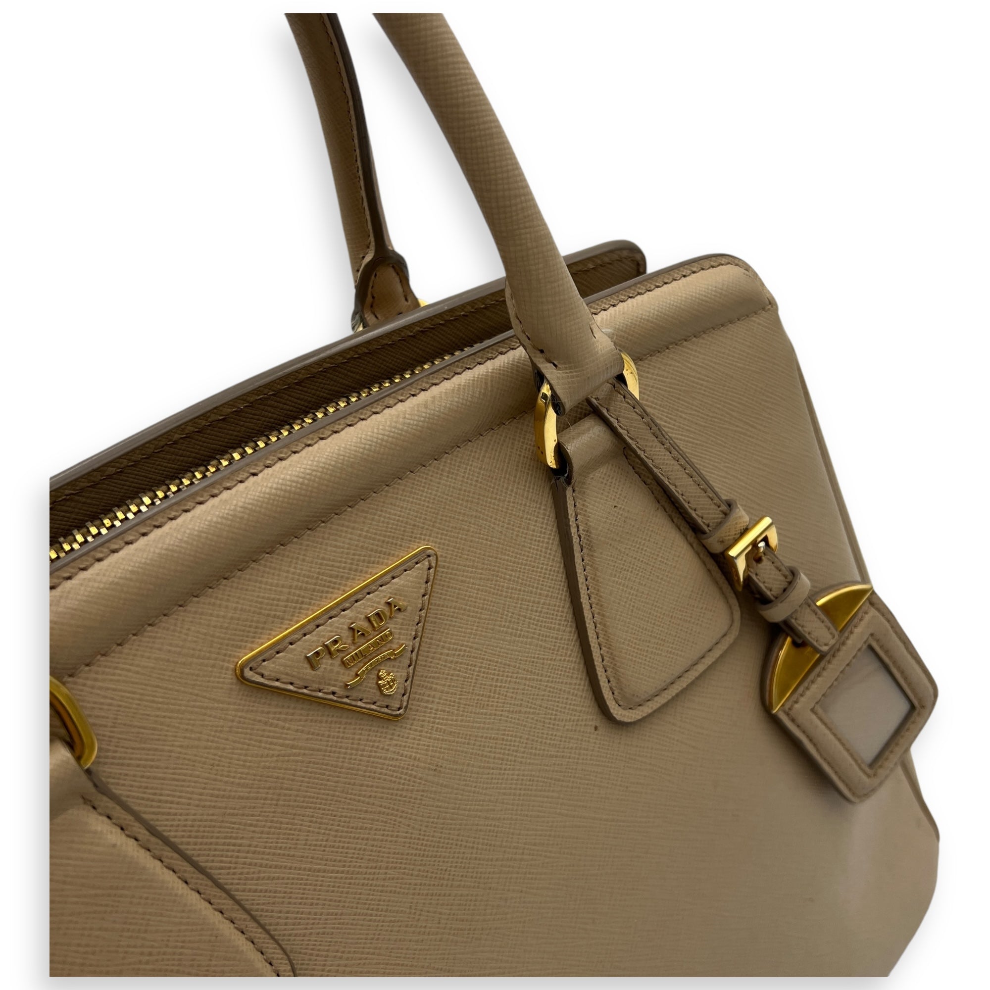 Triangle Top Handle Bag Beige in Calfskin, Gold hardware