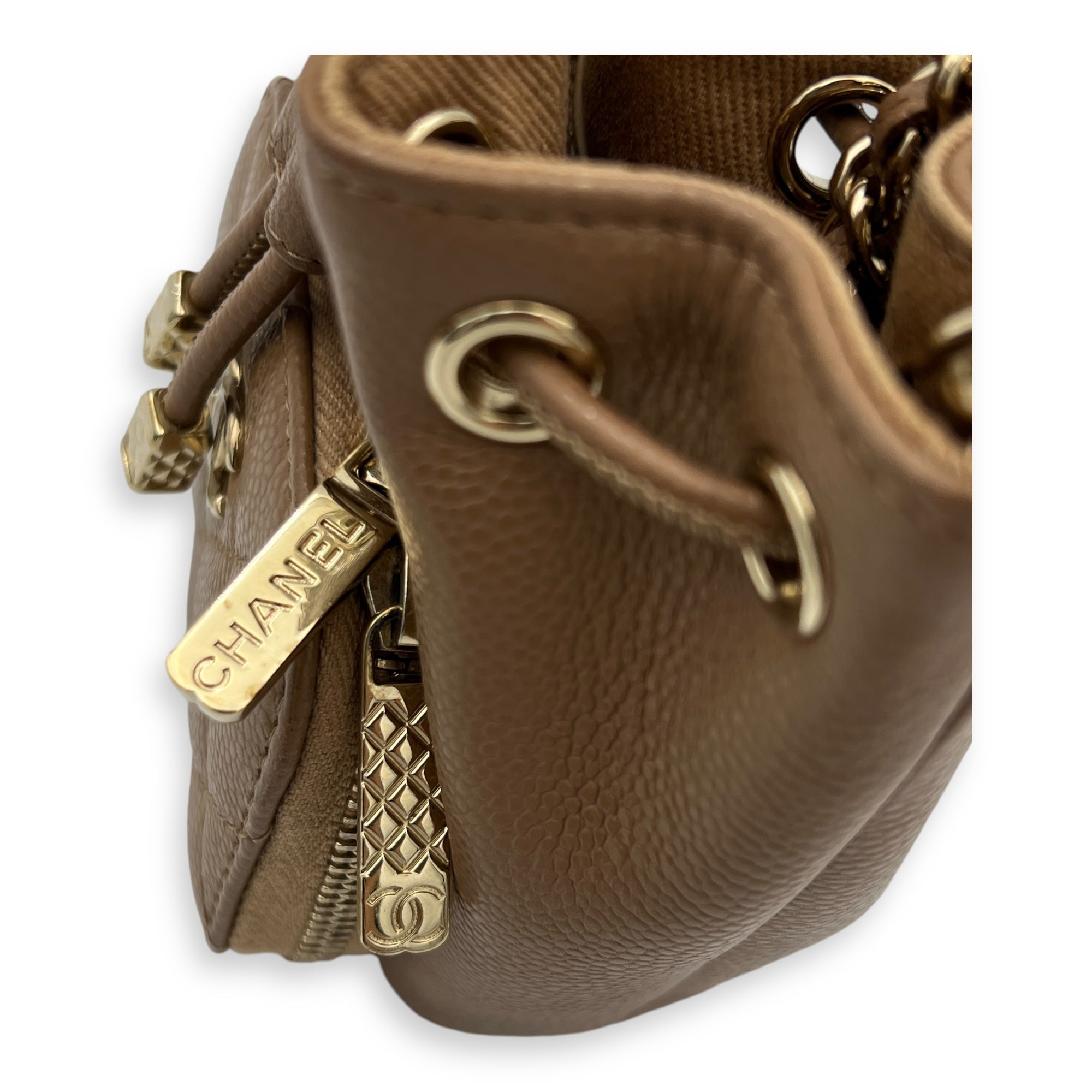 Business Affinity Mini Brown Bucket Bag in Caviar Leather, Gold hardware