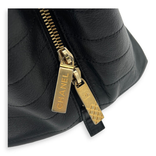 V Stitch Top Handle Bag Black in Calfskin, Gold hardware