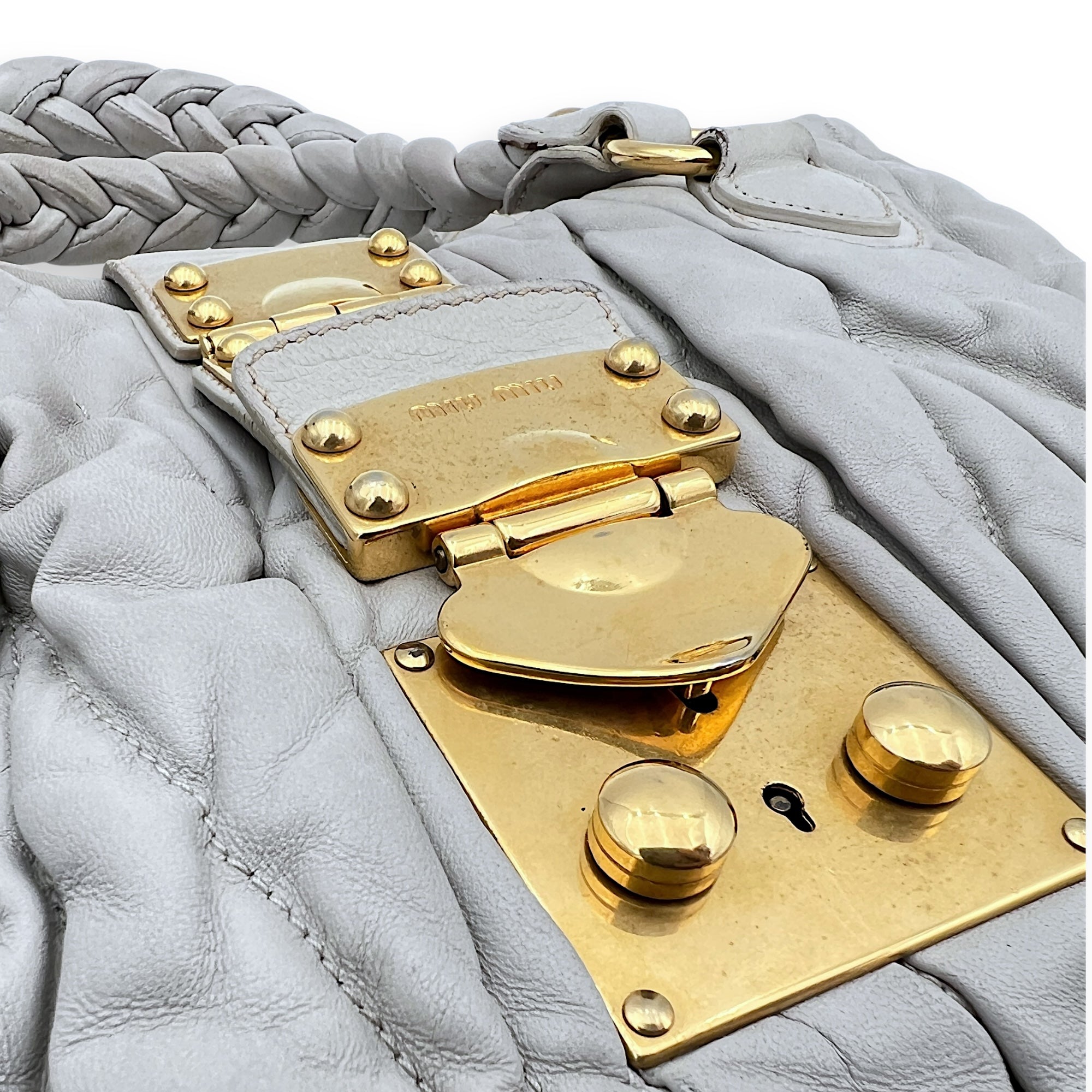 Miu Miu Matelassé Grey Top Handle Bag in Lambskin, Gold hardware_7