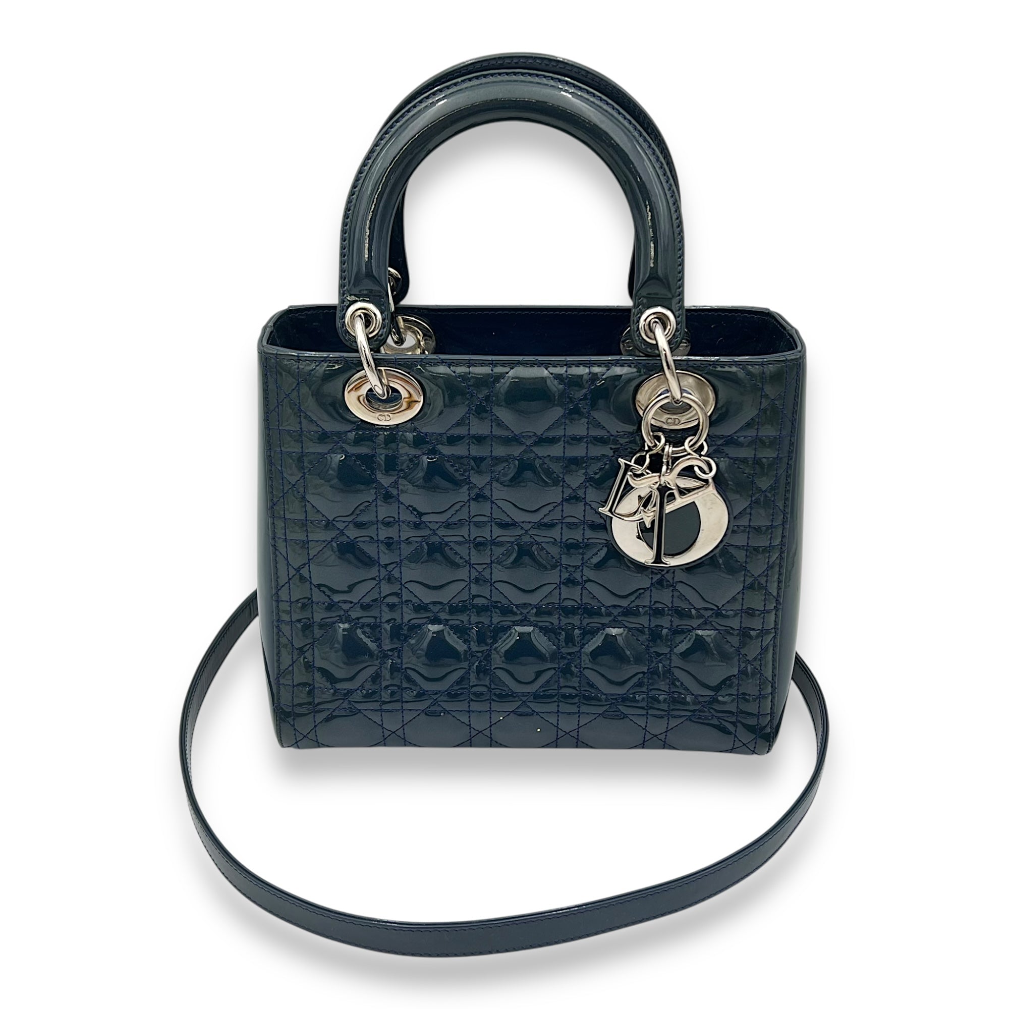 Christian Dior Lady Dior Medium Blue Top Handle Bag in Patent Leather, Silver hardware_7