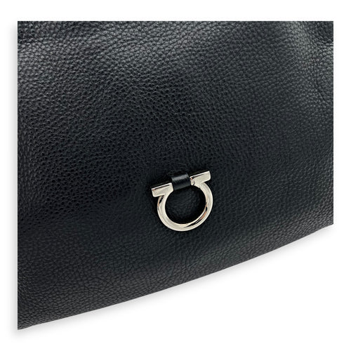 Salvatore Ferragamo Gancini Black Shoulder Bag in Calfskin, Silver hardware_10