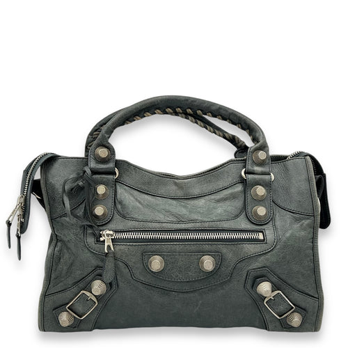 Balenciaga Giant City Medium Green Top Handle Bag in Distressed Leather, Silver hardware_1